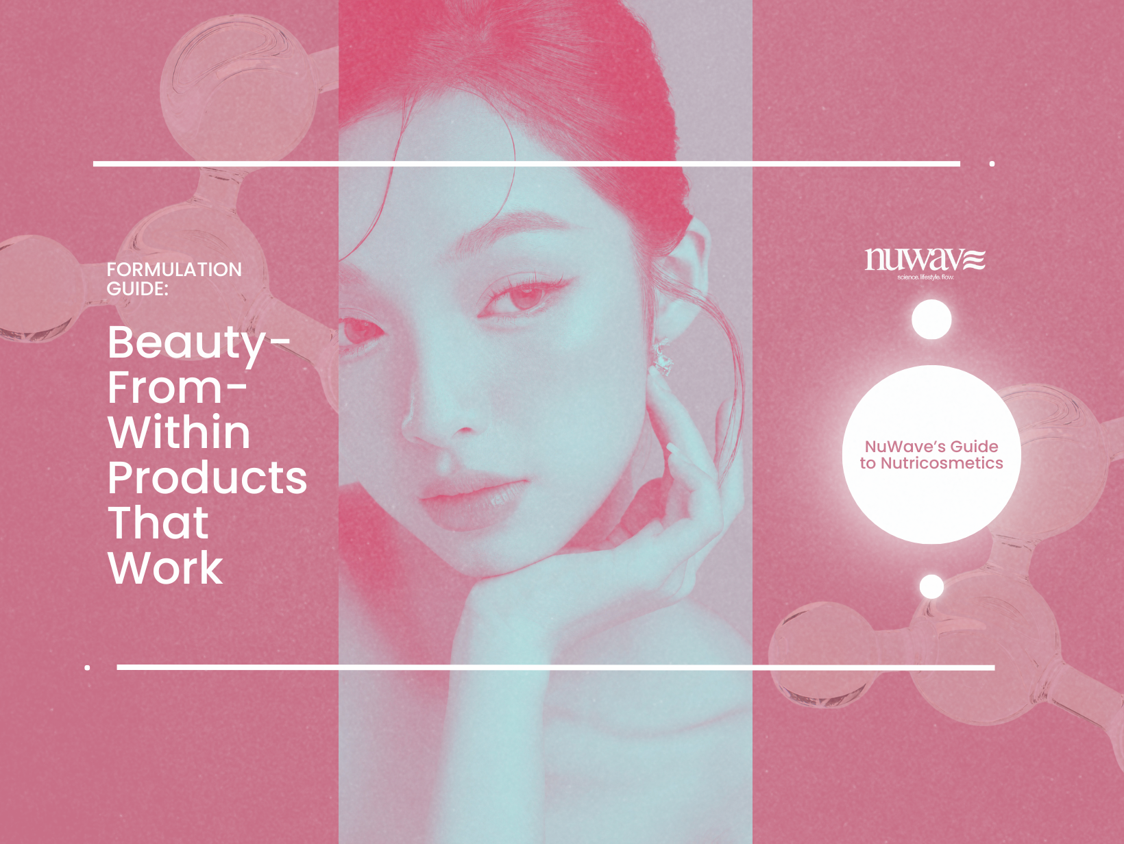 Beauty-from-within formulation guide cover featuring a stylized portrait of a woman alongside molecular structures, representing nutricosmetics, bioactive ingredients, and science-backed beauty supplements.