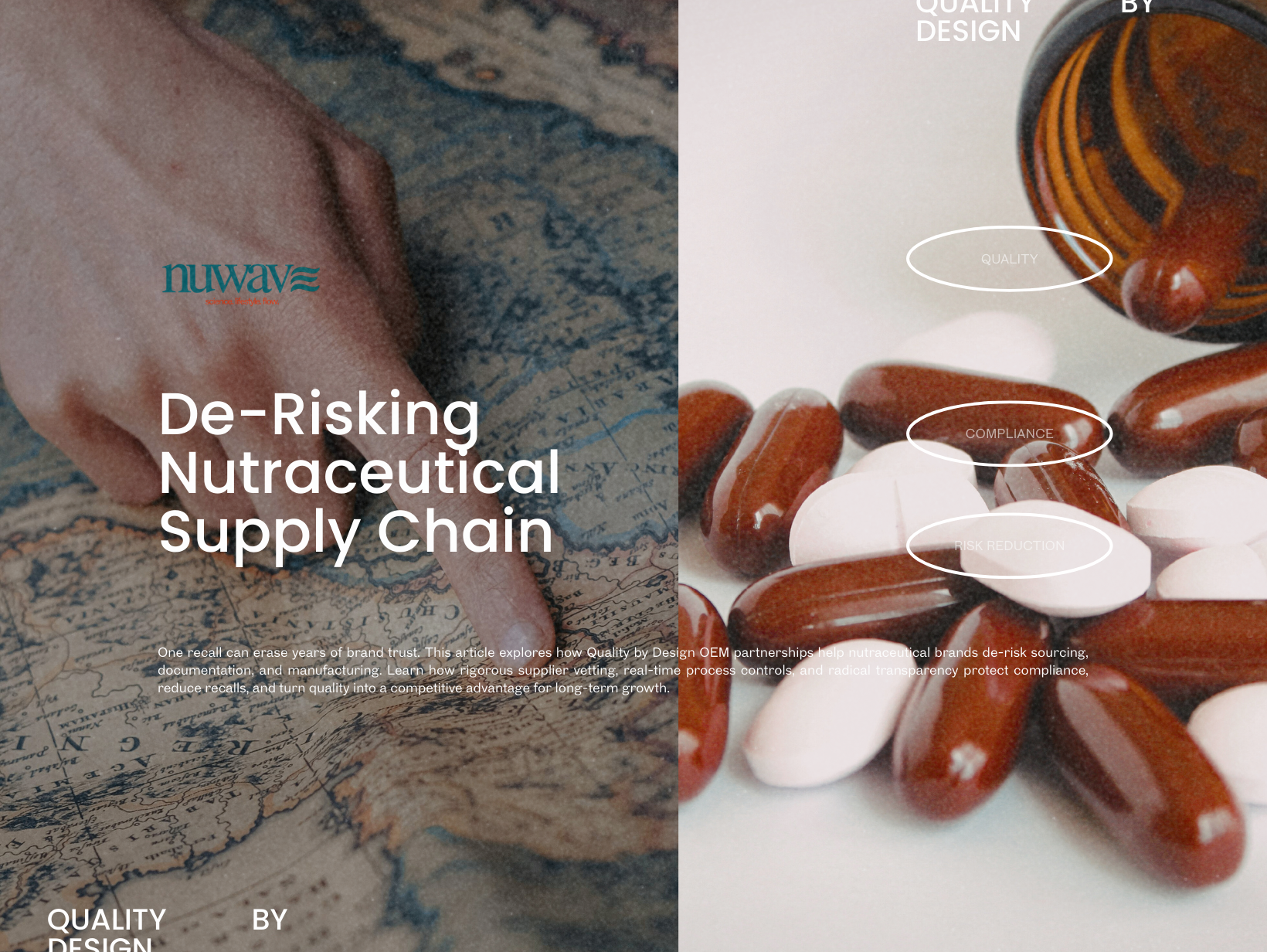 De-risking nutraceutical supply chain illustration showing capsules and tablets alongside a global map, highlighting quality, compliance, and risk reduction.
